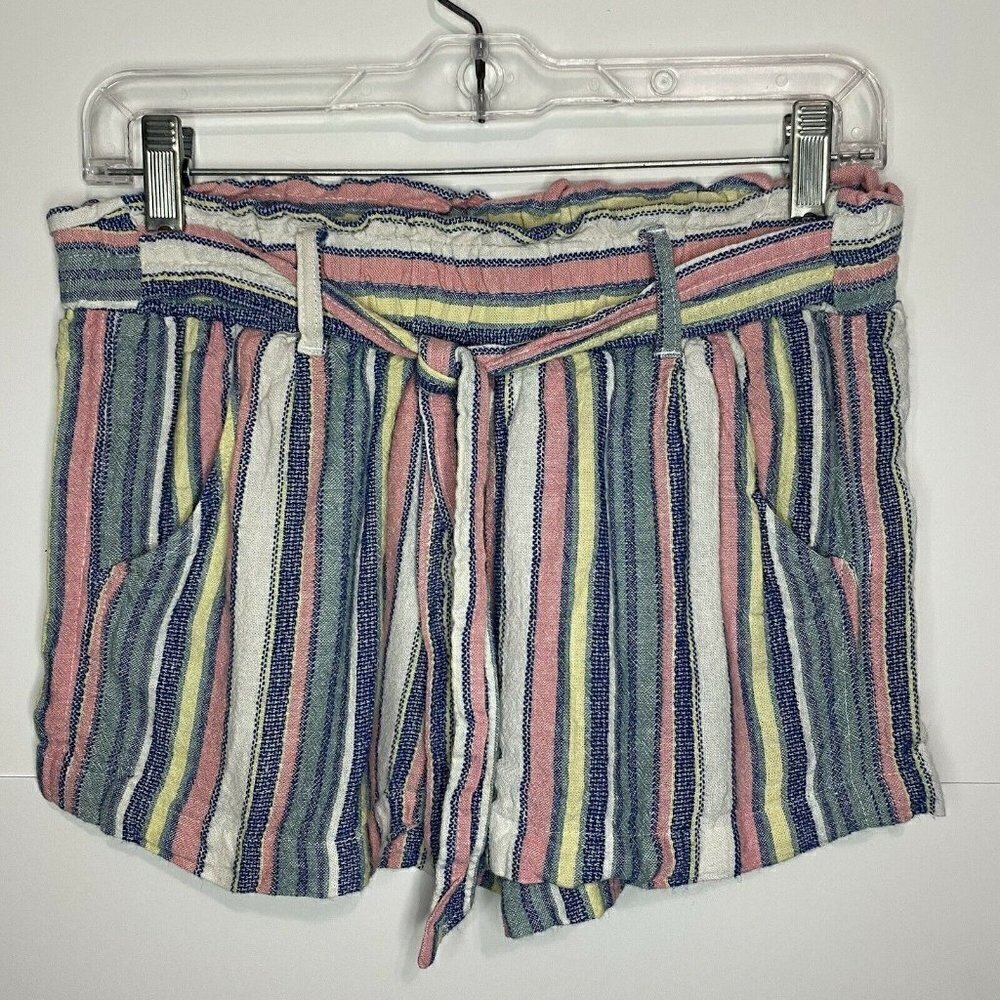 Jolt Shorts Size Medium Linen Rayon Striped Sash Tie Pockets 2” Inseam